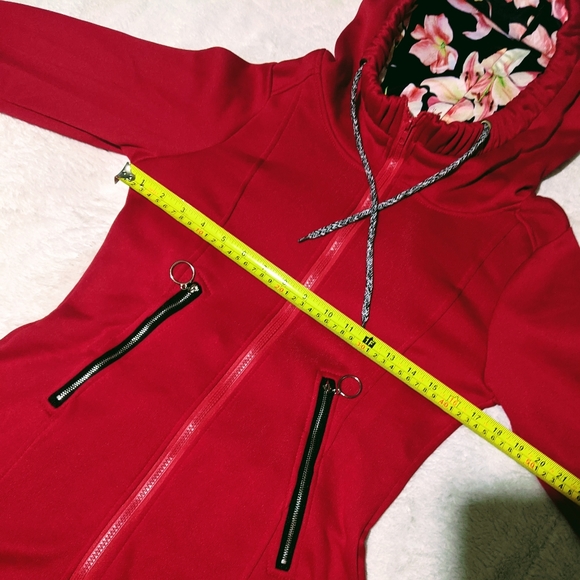 Red Hooded Jacket Long Full Zip Floral Sweatshirt Coat Hood Sm Fitted New - Picture 3 of 8